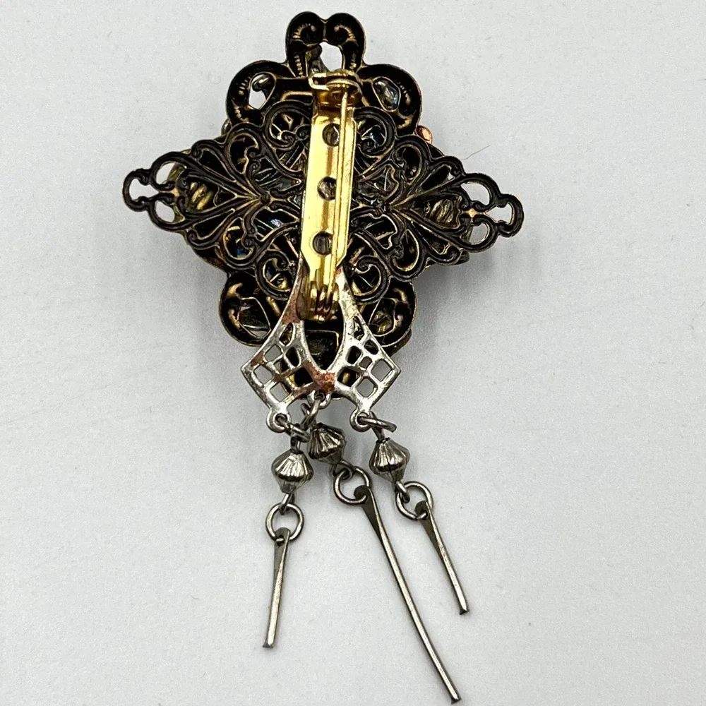 VTG Cross Brooch Faux Pearl Rhinestone Filigree Gothic Dangle Pin Mixed‎ Metal